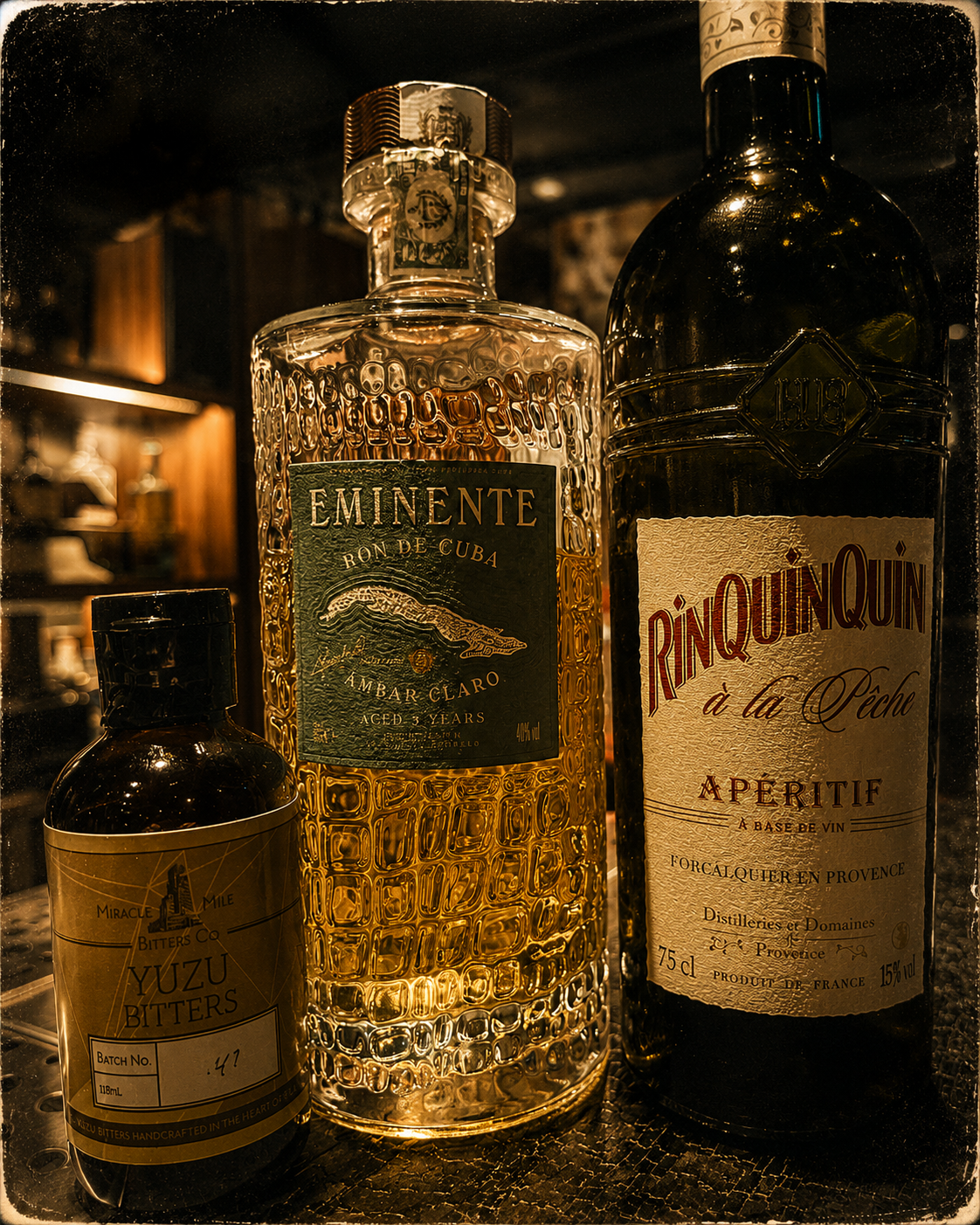 Premium spirits including yuzu bitters, Cuban rum and aperitif on the Rockthehighball bar